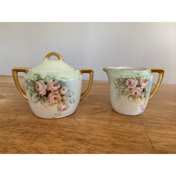 Vtg Weimar Cream & Sugar‎ Green Pink Roses Victorian - Made In Germany - Picture 2 of 10